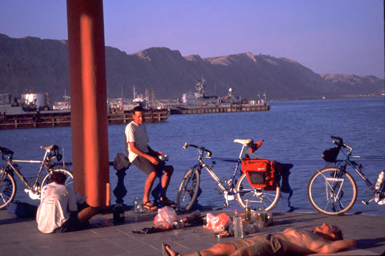Turkmenbashi, port of entry into Turkmenistan. This new pavillion was not yet open, and the guards wanted us to leave. Our standard response was, "we don't understand," and eventually they left us alone. You'd be amazed how often this works.